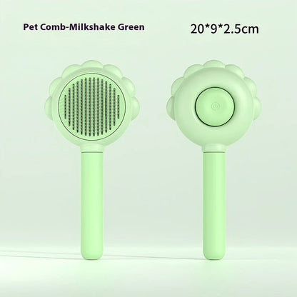 Self-cleaning dog grooming brush with curved comb teeth designed to gently remove excess hair and detangle your pet's coat