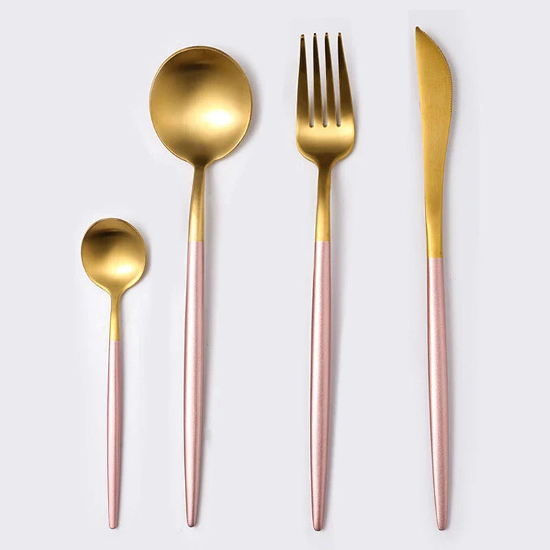 Premium stainless steel cutlery set with a mirror-polished finish, including coffee spoons, dessert spoons, main meal spoons, dessert forks, main forks, and chopsticks, presented in a stylish gift box.