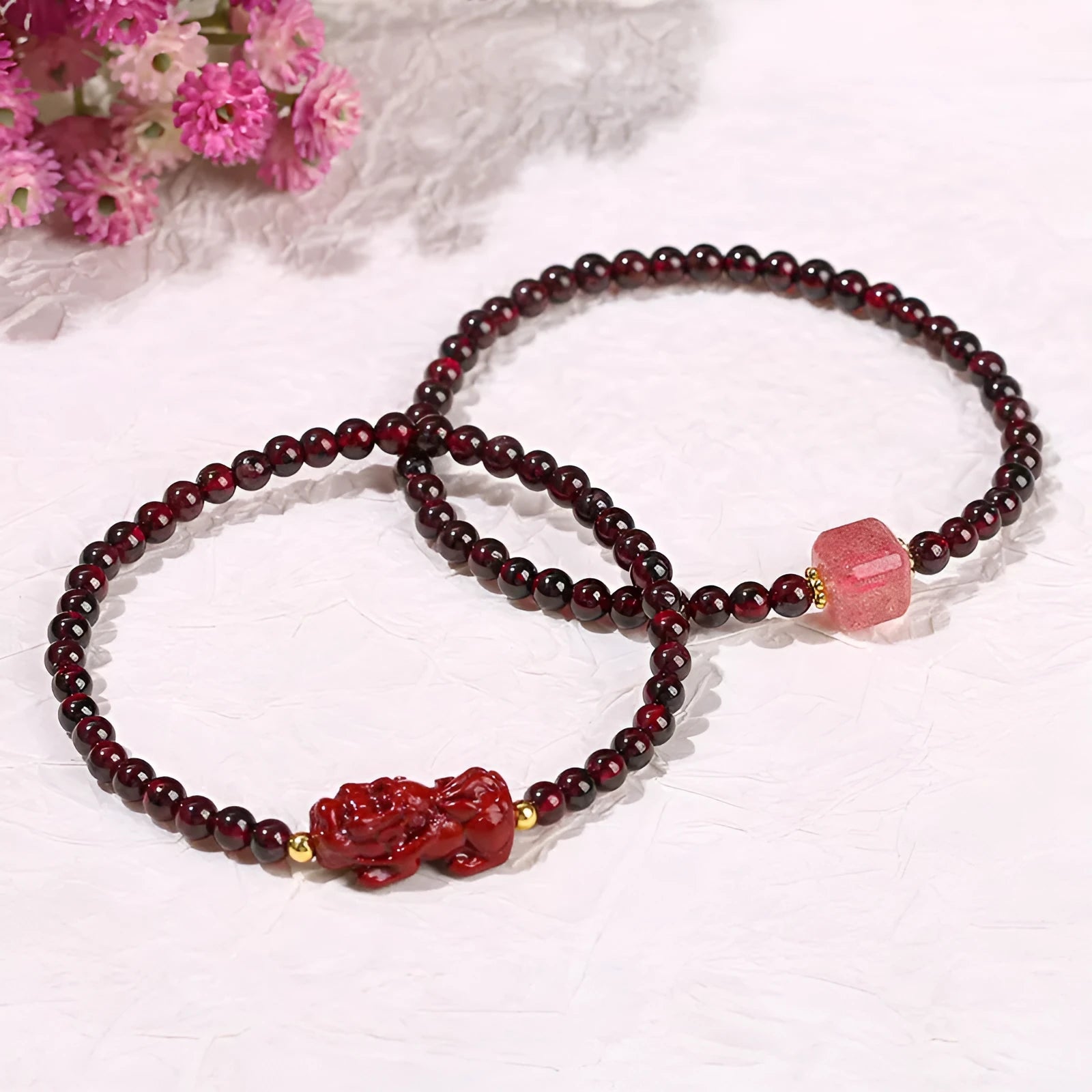 Natural garnet strawberry quartz square bracelet with carved Pixiu design for women