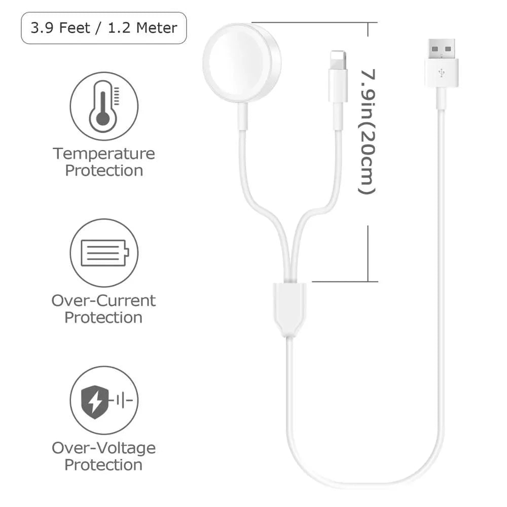 White two-in-one wireless watch charger with USB connection port