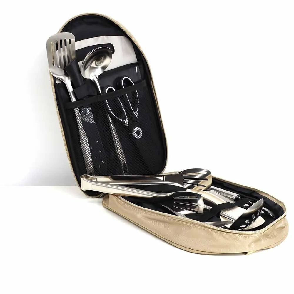 Portable picnic kitchenware storage bag containing 12 stainless steel utensils.