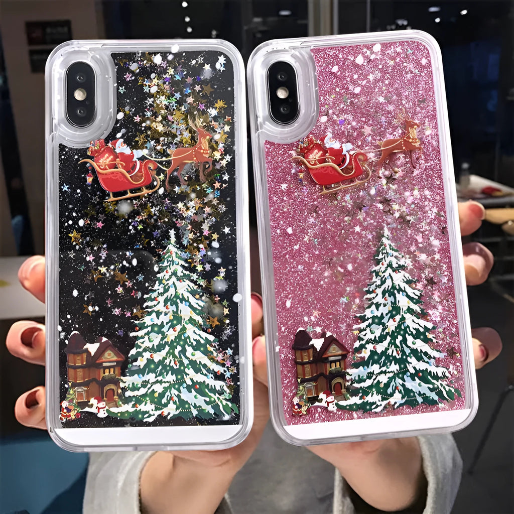 Quicksand effect transparent double-layer phone case for iPhone and Samsung models in various colours.