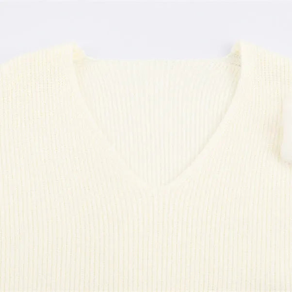 Women's white V-neck furry knitted dress with cuffed long sleeves, straight cut, sizes S M L