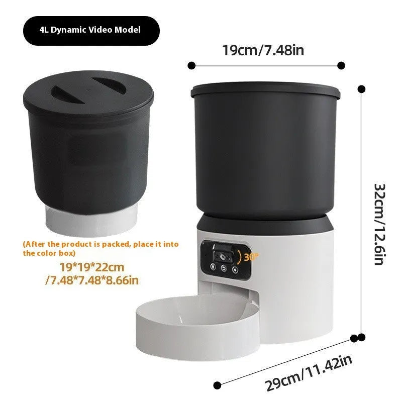 4 litre smart pet feeder with mobile app showing remote scheduling interface
