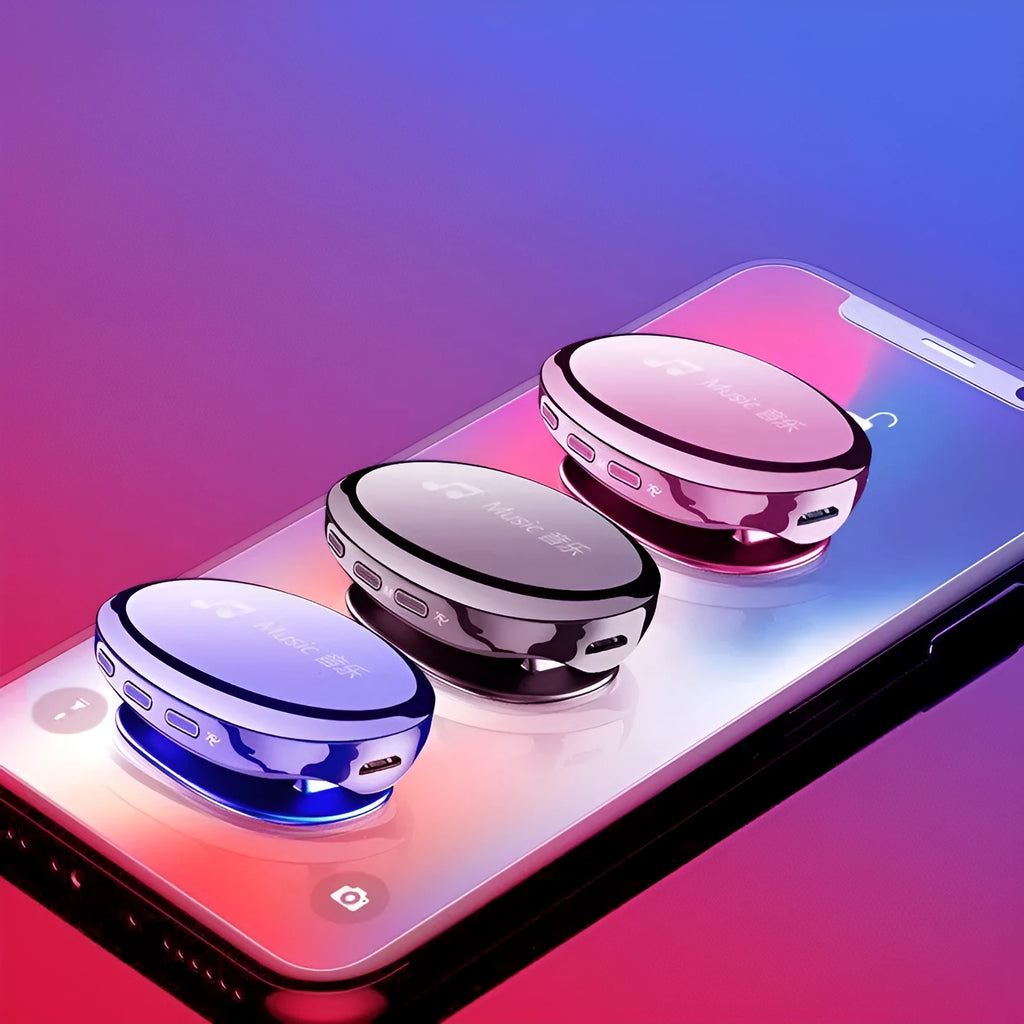 Compact Bluetooth MP4 music player in rose gold with an OLED screen displaying track info.