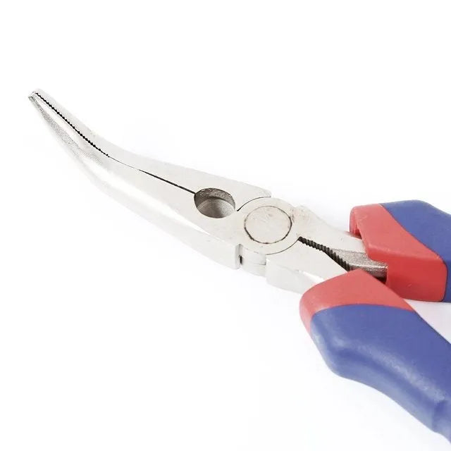Blue and black handled curved nose pliers on a workbench, showing angled jaw tips.