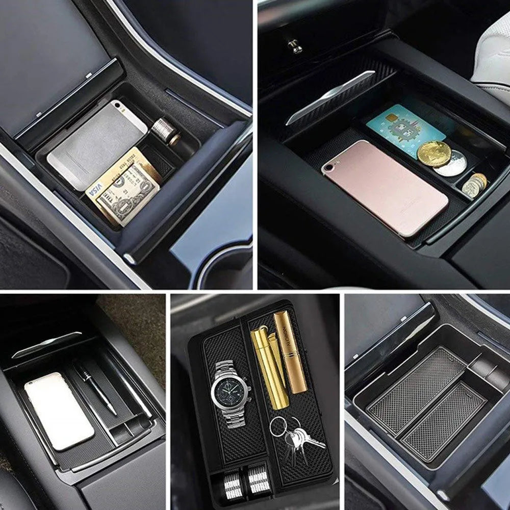 Black ABS plastic car seat central storage box measuring 170 x 130 x 55mm
