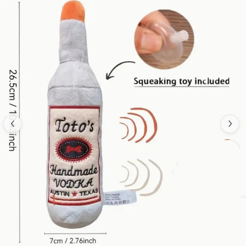 Brown plush wine bottle shaped dog toy with textured molar surface and squeaker