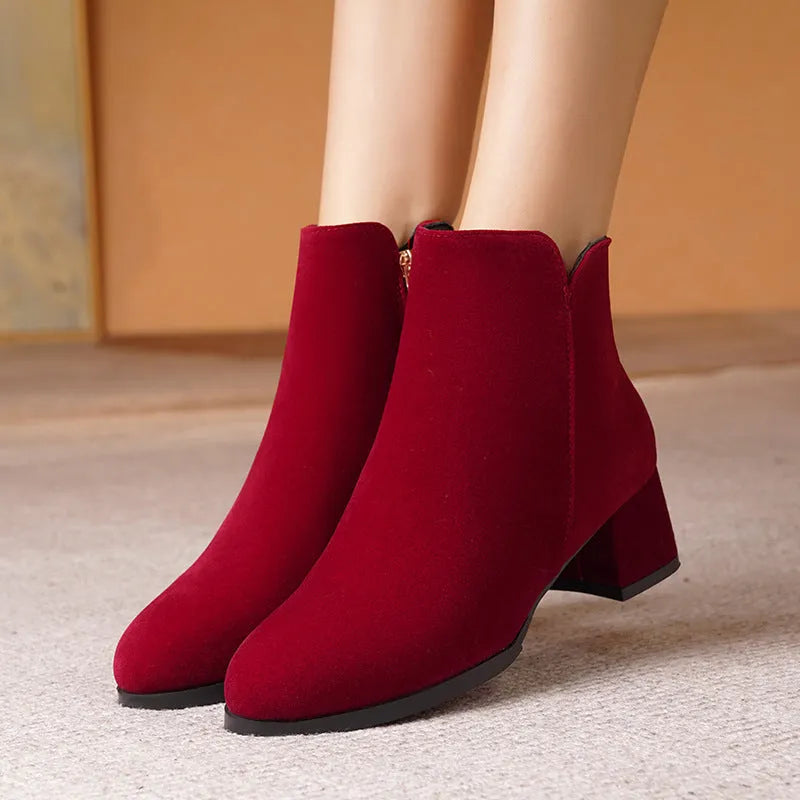 Women's pointed toe frosted suede boots with side zipper and chunky mid heel in solid colour
