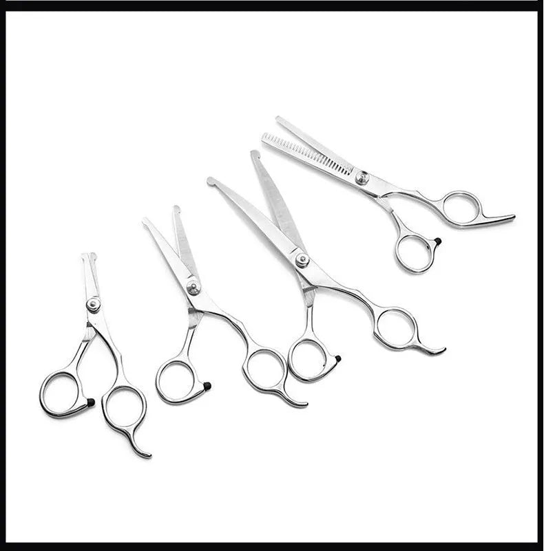 Pet scissors set with four stainless steel scissors, round head design, silver white, in storage bag