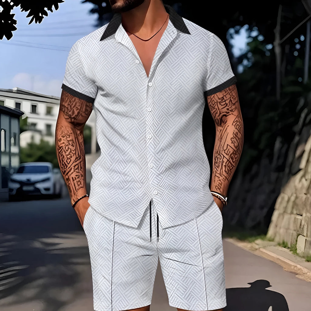 Men's digital print short sleeve casual suit set with matching shorts on a neutral background
