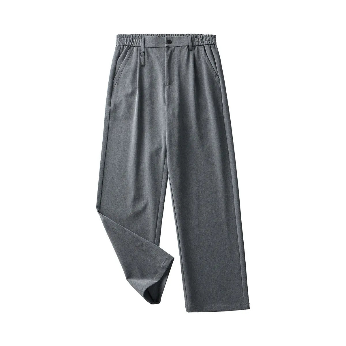 Black drape-effect loose straight-leg business casual trousers on a hanger.