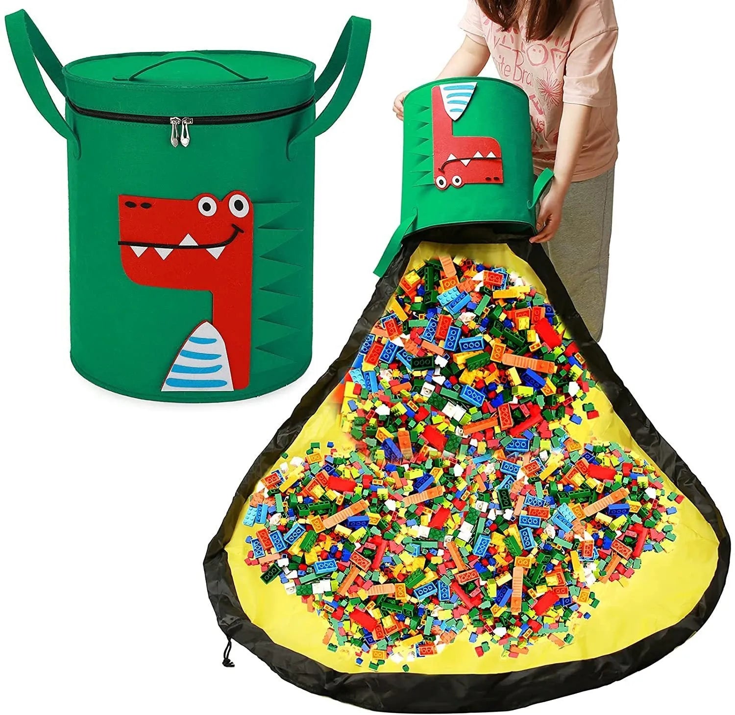 Green foldable felt cube storage bag with pull rope, shown both as a container and laid flat as a play mat.