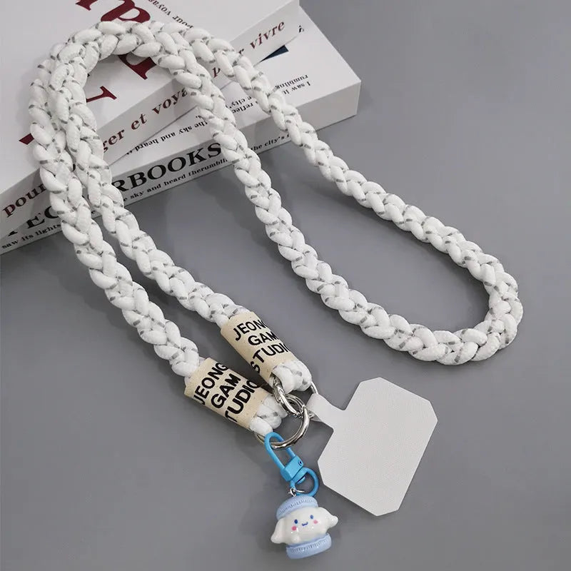 Long crossbody nylon phone lanyard with three-strand horse tail pendant and clip in assorted colours