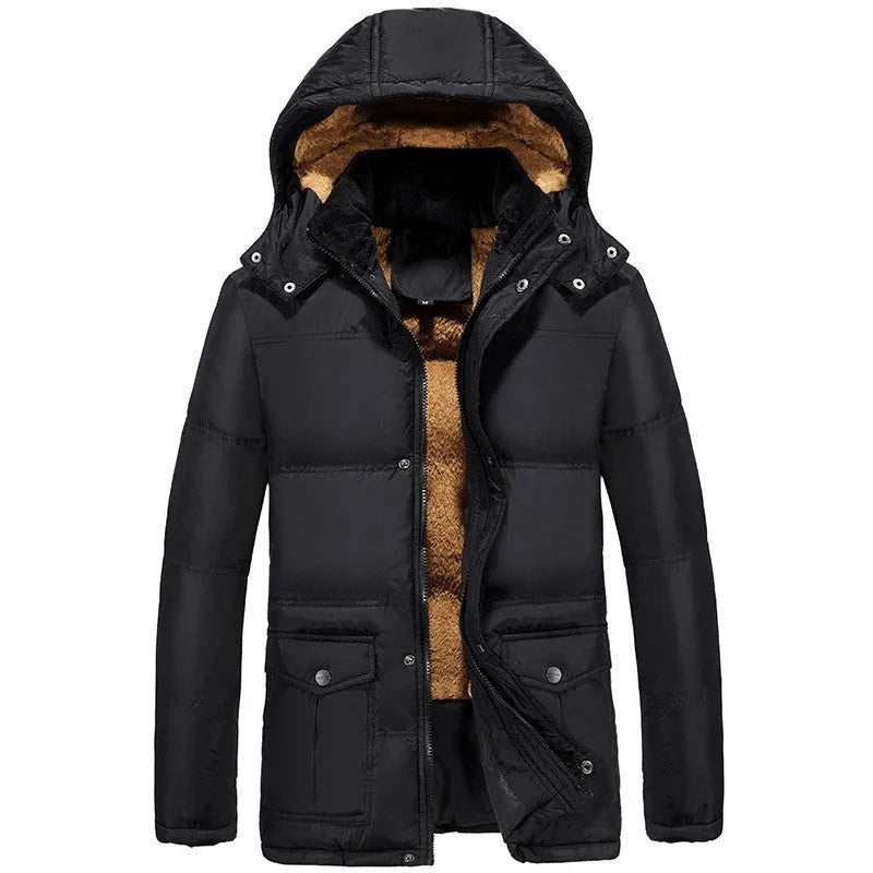 Man wearing a black loose-fit velvet double-breasted hooded winter jacket