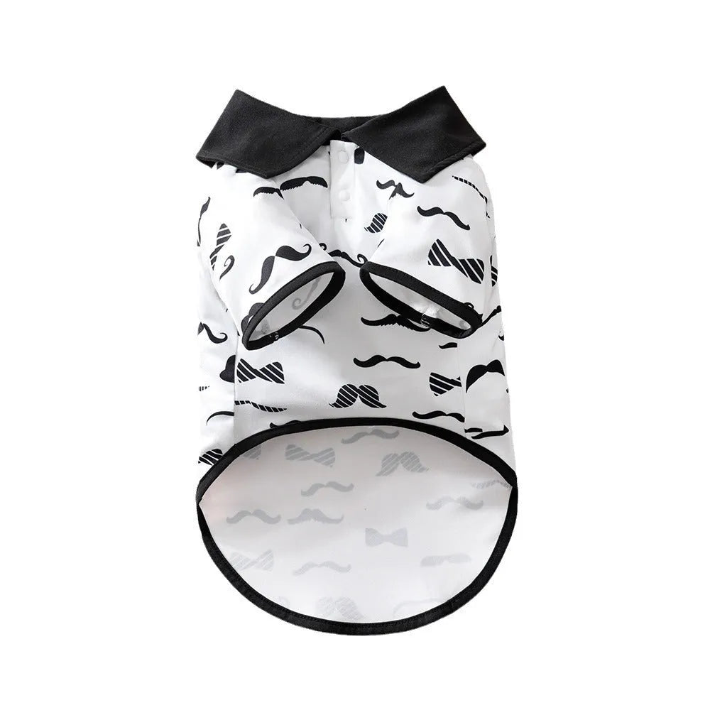 White gentleman beard style dog outfit on a small dog, showing the polyester fabric and casual design.