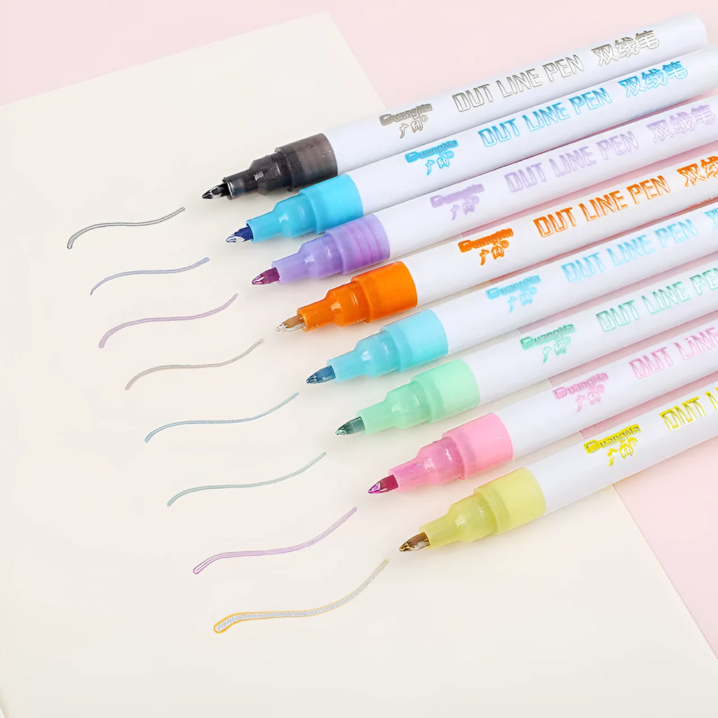 Set of eight fluorescent highlighter pens with 2mm chisel tips in a cardboard storage box.