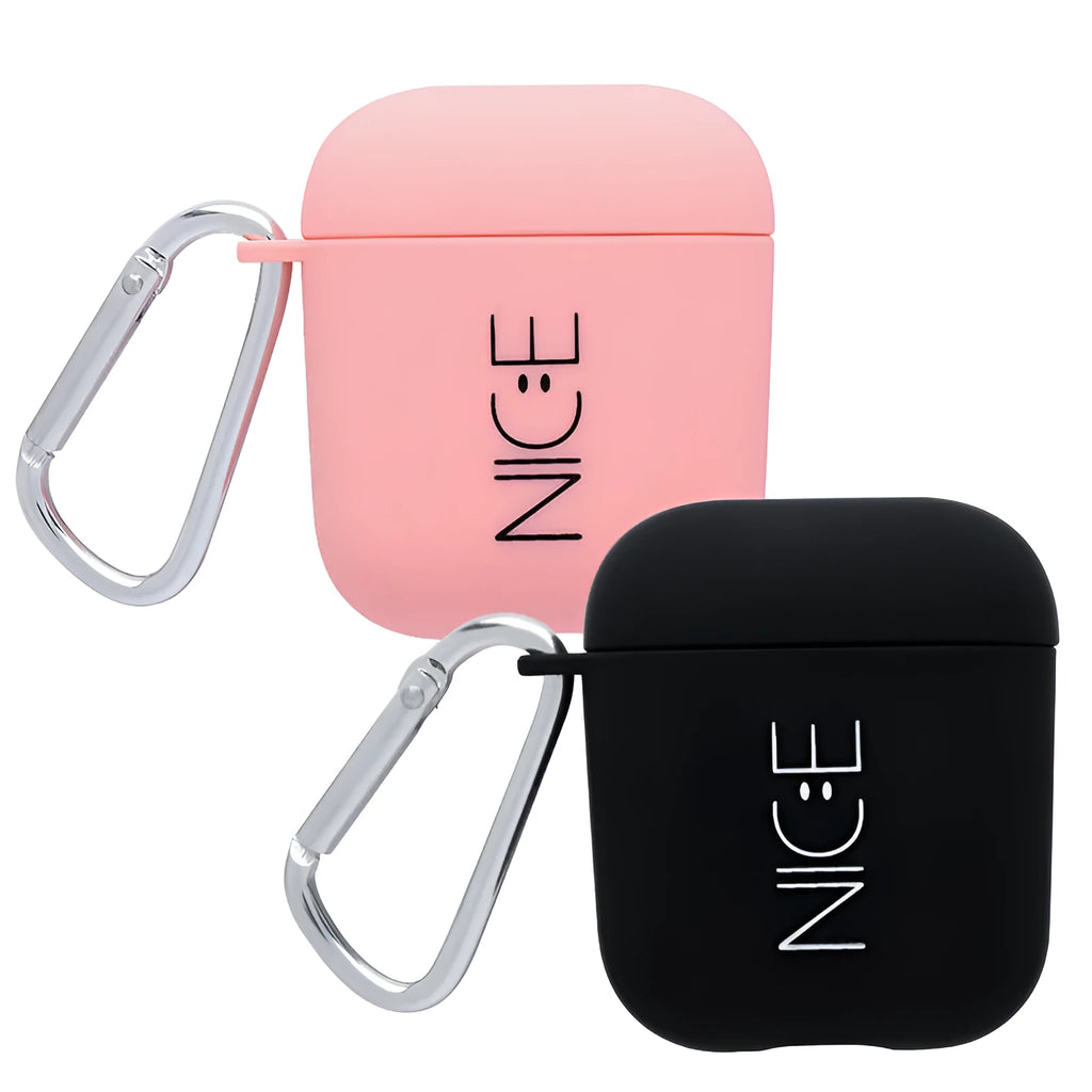 Black and pink AirPods case covers with flower, love heart, and smiley face designs