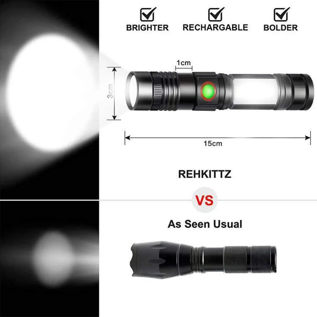 Outdoor mini zoom flashlight with adjustable focal length and black aluminium alloy body on a dark background