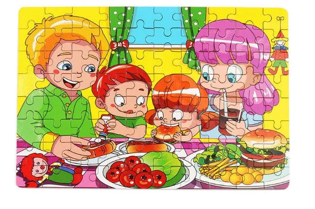 80-piece wooden educational puzzle set for children with animal designs in an iron storage box