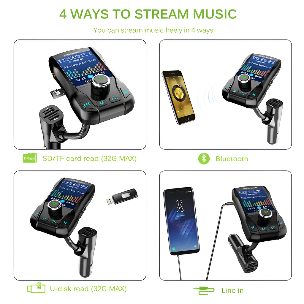 Black car Bluetooth FM transmitter with colour screen and dual USB ports plugged into a car dashboard