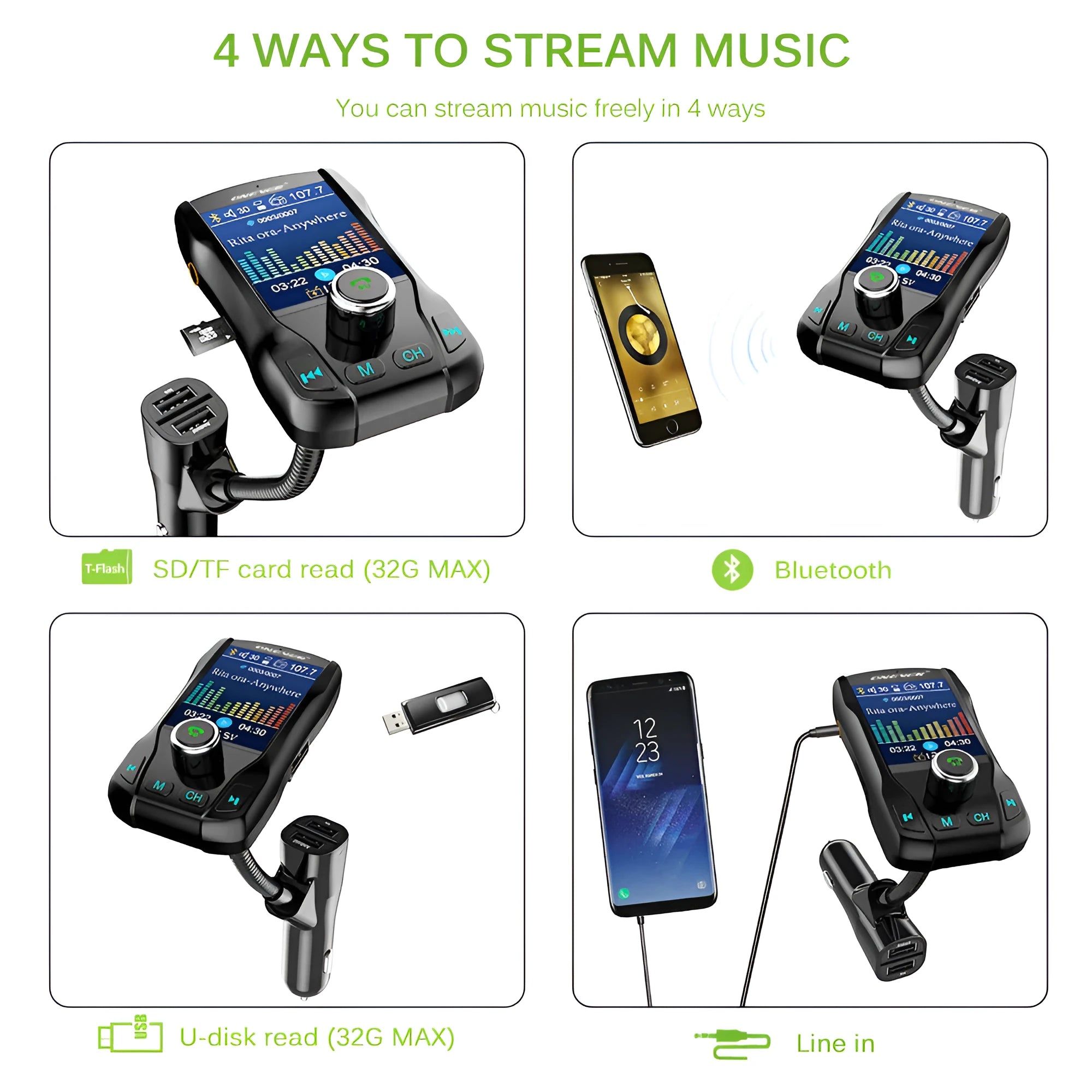 Black car Bluetooth FM transmitter with colour screen and dual USB ports plugged into a car dashboard