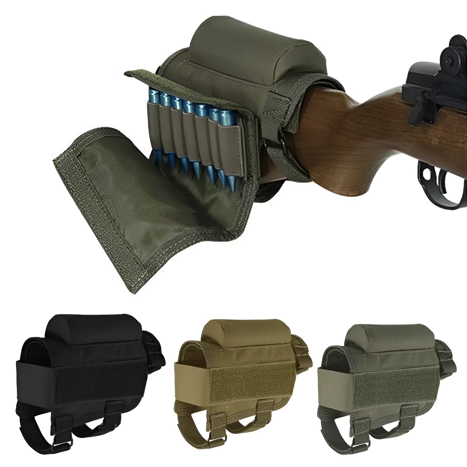 Black nylon cheek rest for rifle stock with hook and loop straps and removable ammo carrier