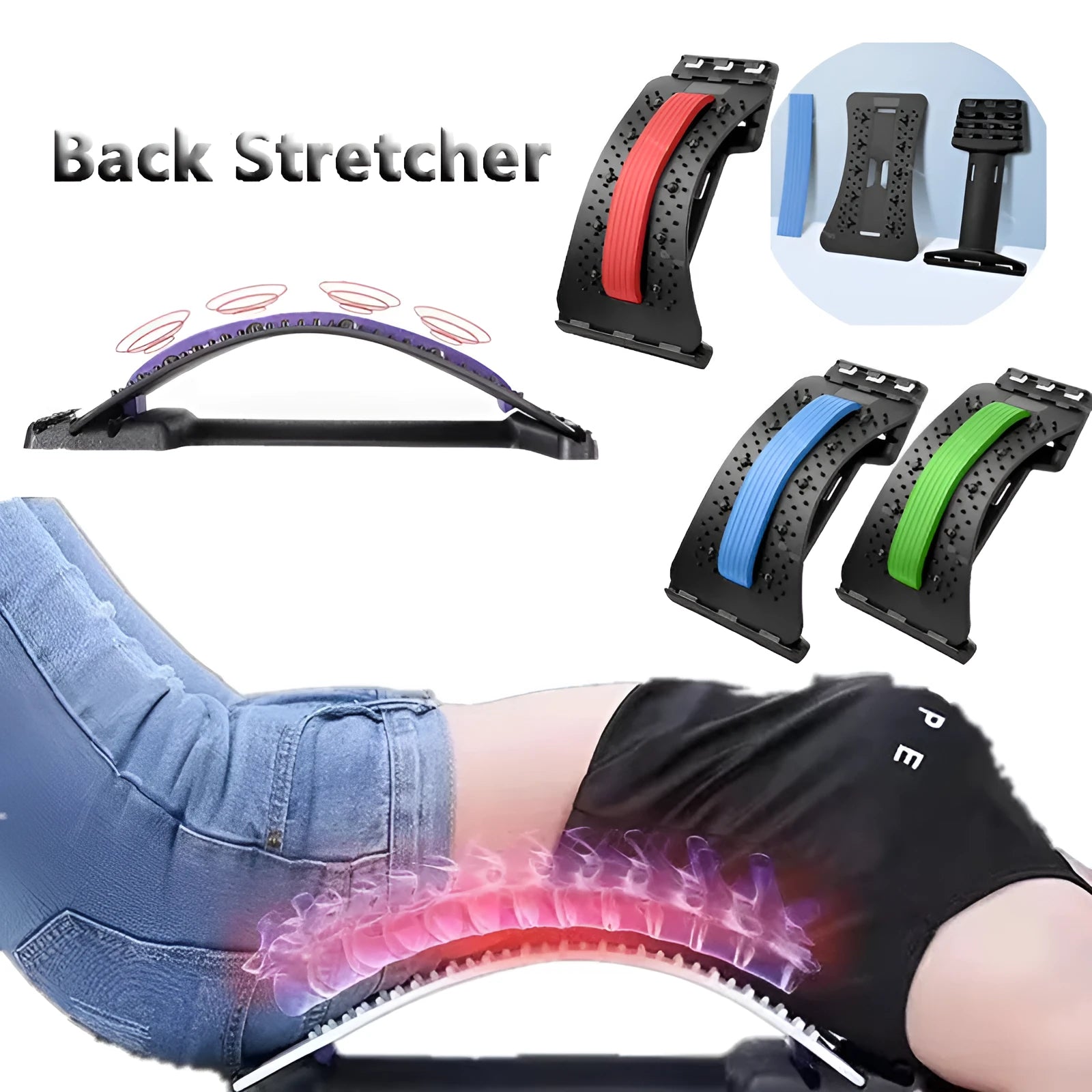 Adjustable back stretcher massager for waist back neck pain relief with multiple therapy modes