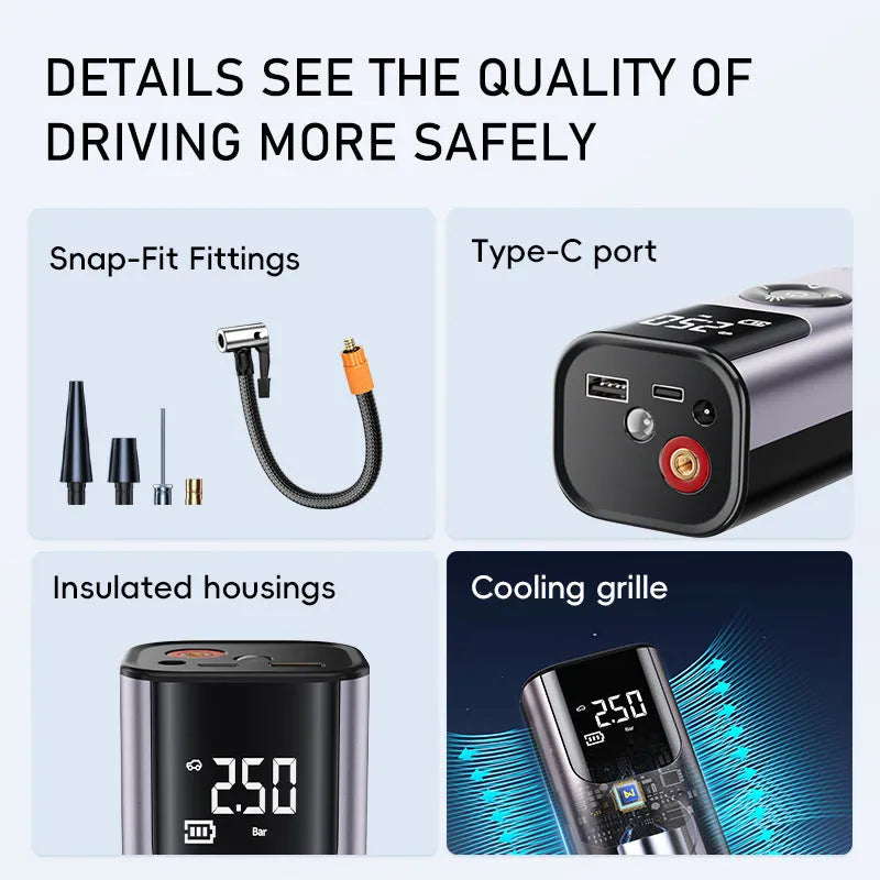 80W portable tire inflator with pressure gauge, warning light and USB charging in black or silver white ABS housing