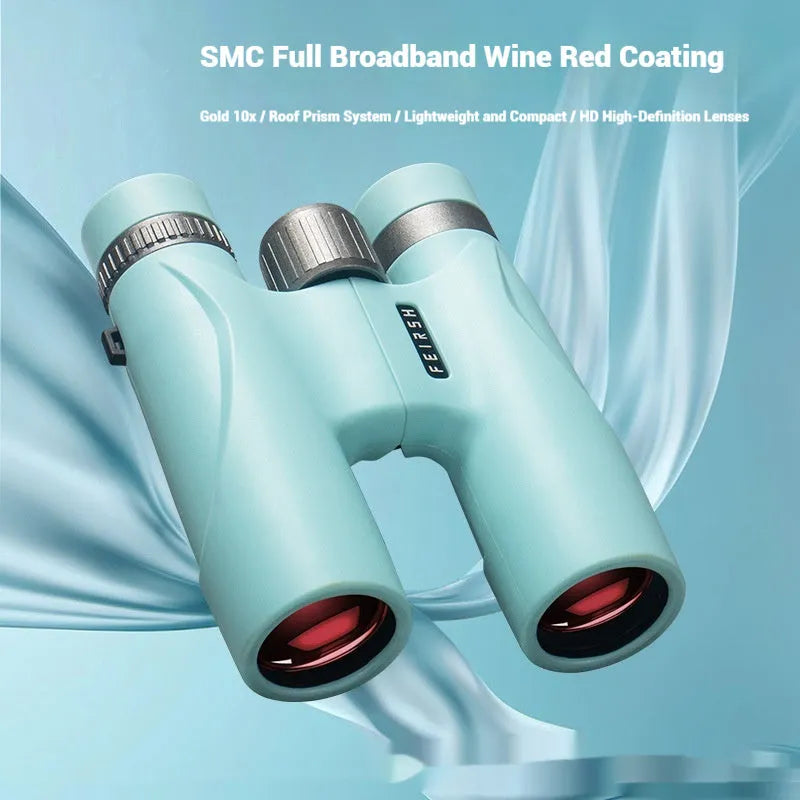 Blue 10x32 binoculars with wine red lenses showing 112mm compact dimensions