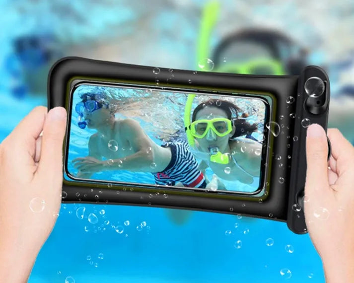 Orange waterproof phone pouch with a black rope, showing the ABS switch sealing mechanism.