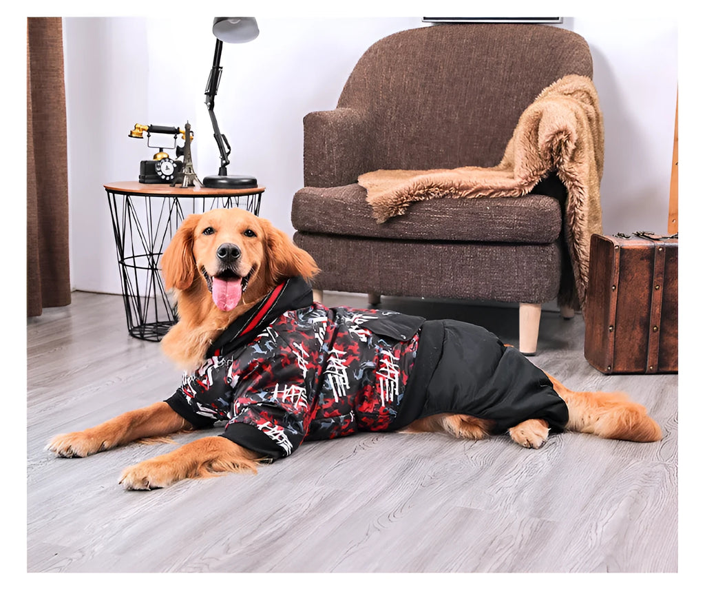 Cotton printed dog coat for extra large breeds shown in 3XL size with colourful pattern