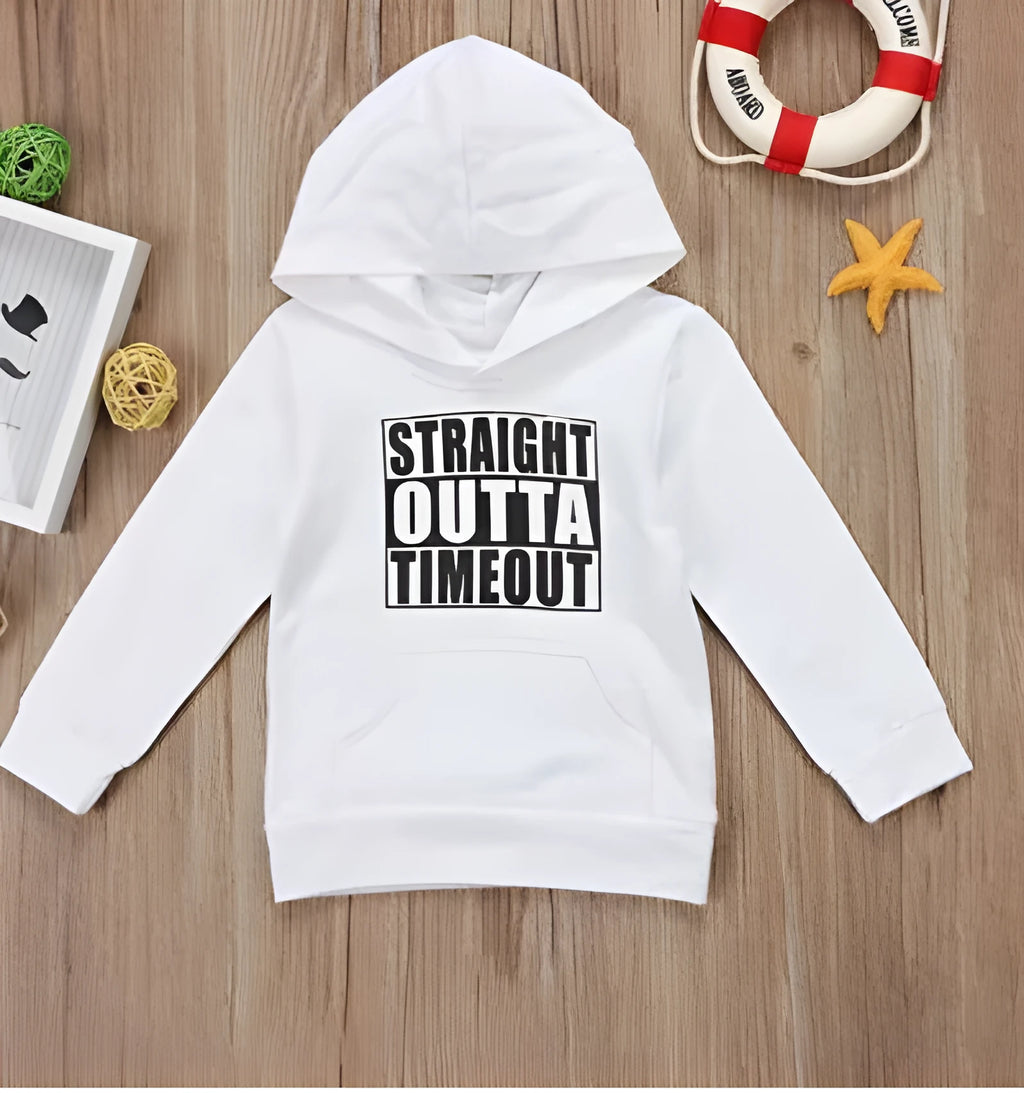 Boys' black hooded sweater with white letter pattern, long sleeves, and pullover style