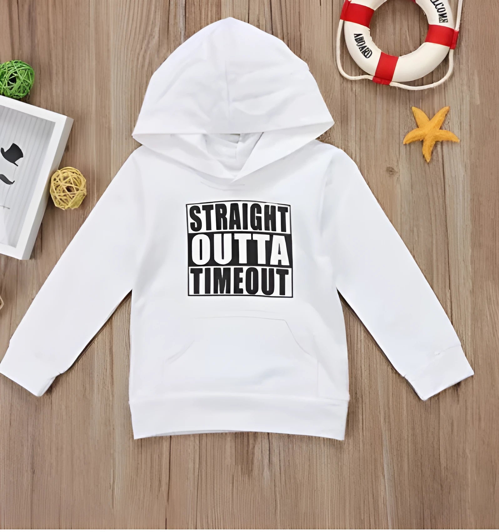 Boys' black hooded sweater with white letter pattern, long sleeves, and pullover style