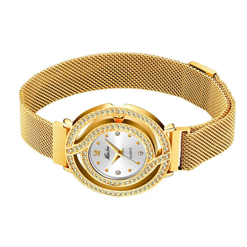 Quartz wrist watch with 32mm round alloy case, Milano mesh stainless steel strap, and magnet closure in golden blue dial option