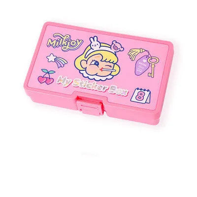 Pack of 16 cute cartoon girl and heart PVC stickers in a square storage box for DIY decoration.