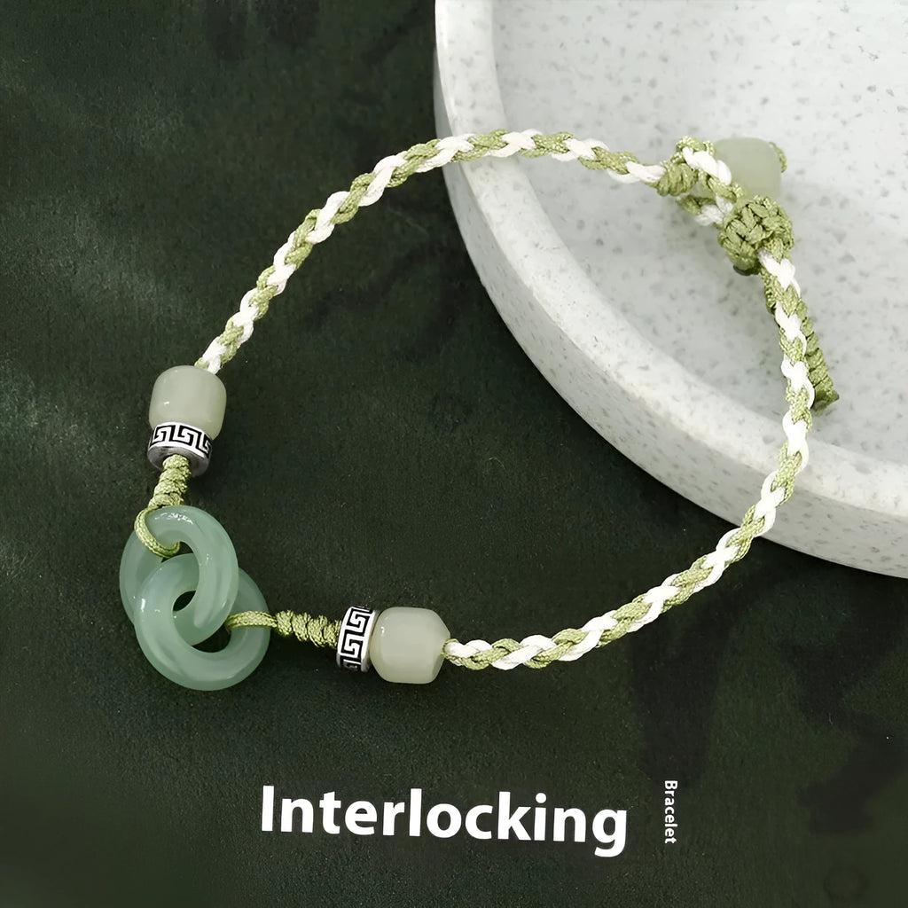 Green copper bracelet with ethnic peace buckle design and jade double ring strap