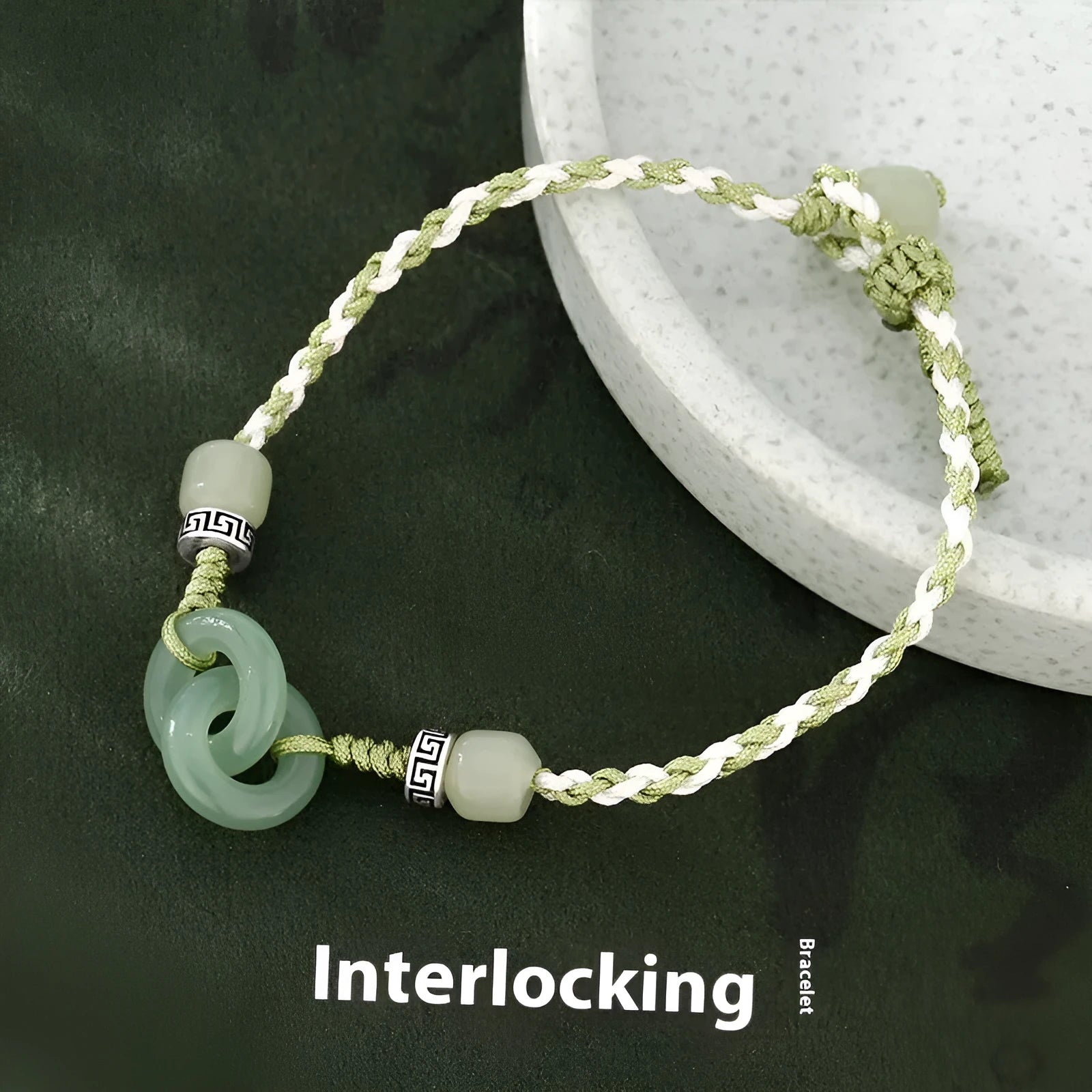 Green copper bracelet with ethnic peace buckle design and jade double ring strap