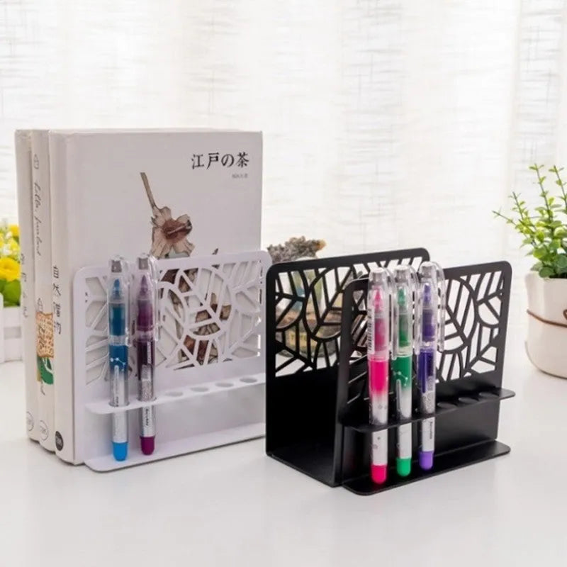Creative Nordic Style Strong Office Bookend Set Thick Steel Plate Six-Hole Pen Holder Iron Paint Matte Surface Anti-Scratch Rounded Corners Japanese Hollow Design White Black