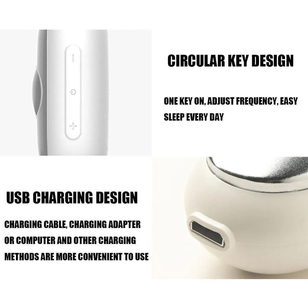Handheld micro-current sleep aid device in grey, green, or orange colour with USB charging cable.