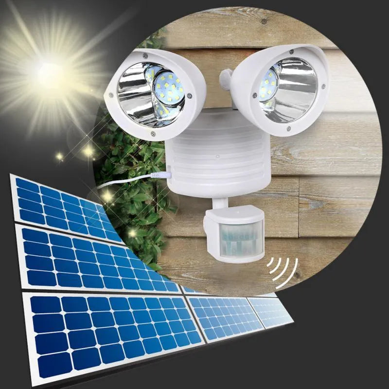 Black or white double-head solar motion sensor spotlight with adjustable brightness for outdoor security