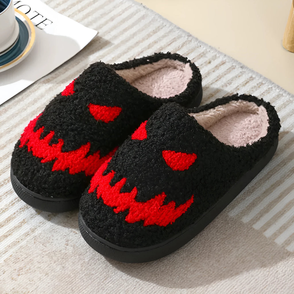 Halloween skull print indoor slippers with suede upper, cotton lining, and non-slip rubber sole in white, red, black, or red black.