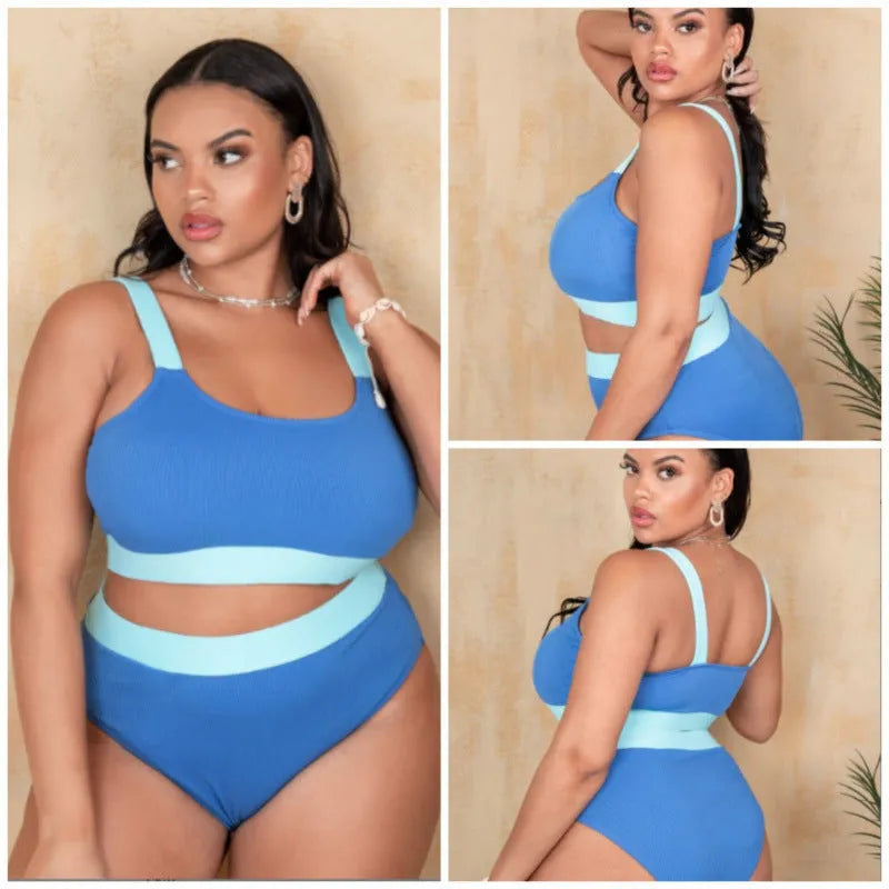 Women's solid colour polyester bikini set with high-waisted briefs.
