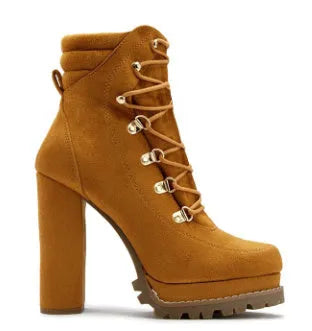 Women's suede high heel Roman boots in army green with thick heel and waterproof platform