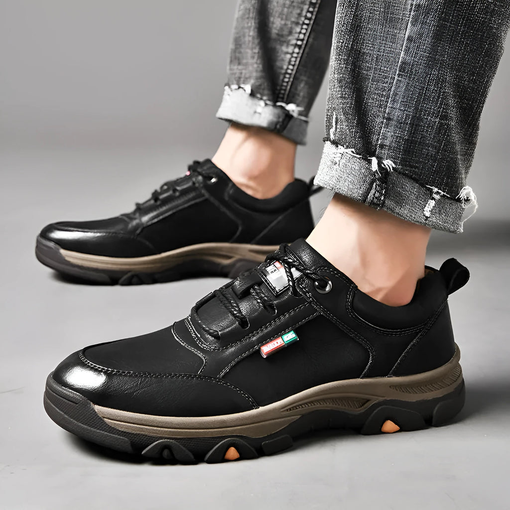 Men's British style round toe leather shoes in black or brown with rubber sole, leather stitching, and front lace-up