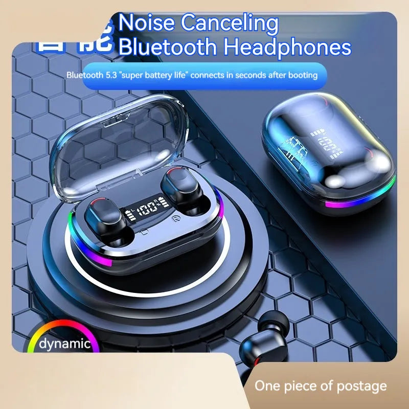 K10 Black in-ear Bluetooth headset with digital display, colourful breathing light and ABS earbuds