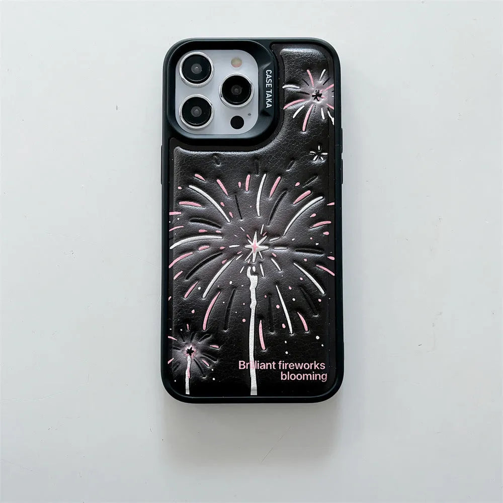 Leather embossed TPU phone case for iPhone with colourful fireworks design