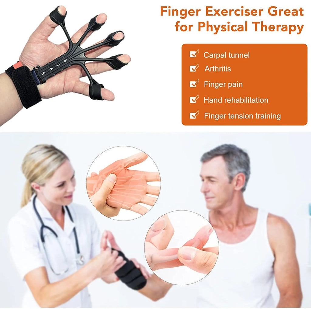 Silicone finger rehabilitation trainer and abdominal tension set with adjustable belts in black or grey