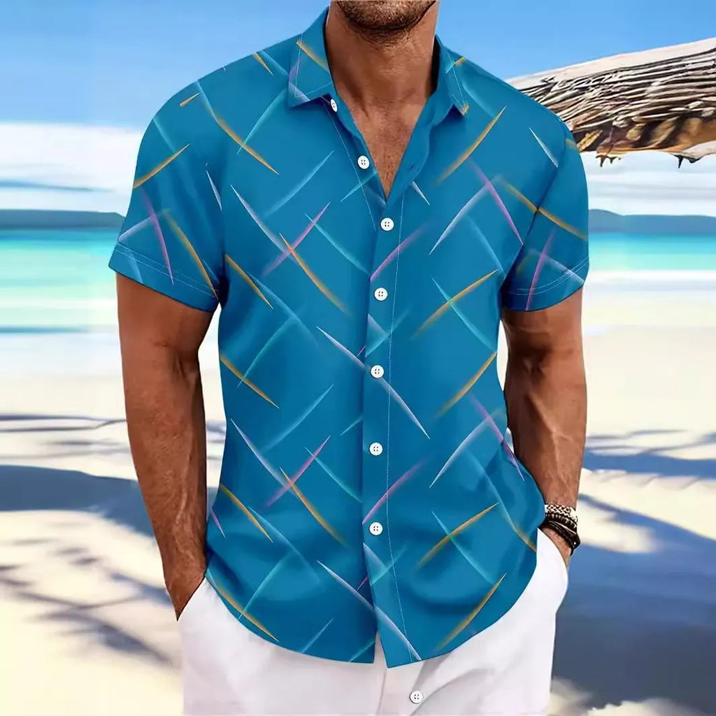 Summer men's striped feather beach short sleeve button shirt in loose cardigan style polyester fabric