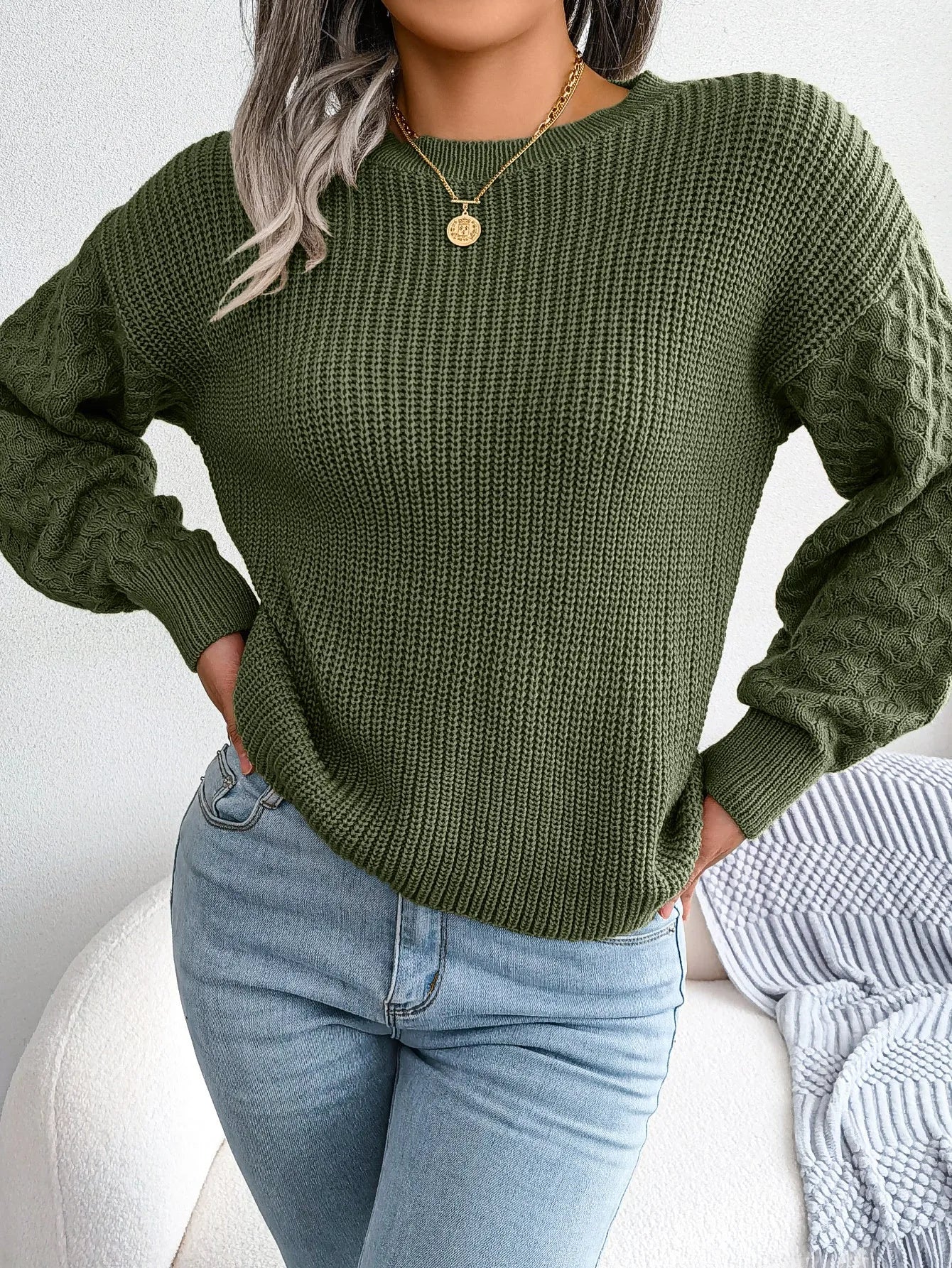 Casual lantern sleeve knitted sweater in loose fit with polka dot pattern and 3D texture, round neck pullover style, available in Khaki